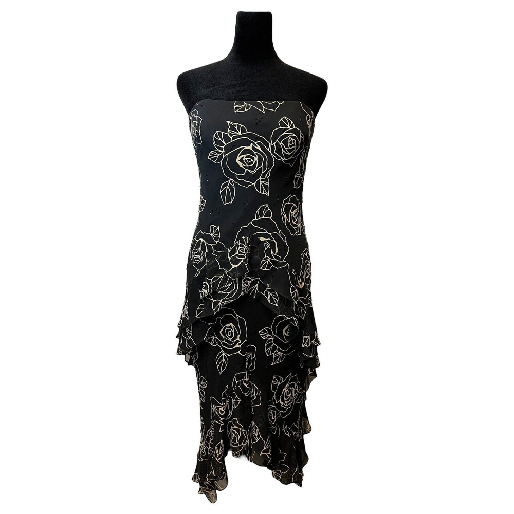 Vintage Y2K Gilar Black 100% Silk Beaded Ruffle Tiered Dress Beaded Size 4